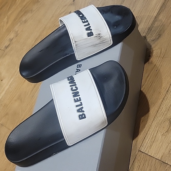 BALENCIAGA Logo Pool Slide Sandal White And Black - Picture 5 of 8